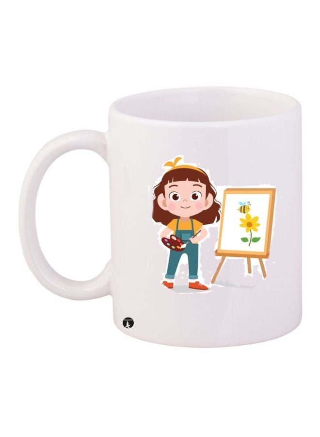 RYN Cartoon Girl Themed Coffee Mug White/Brown/Blue 11ounce
