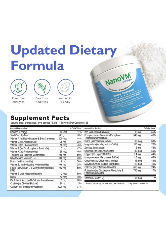 NanoVM - NanoVM 4-8 Years, Allergen-Free Kids Multivitamin, Unflavored Powdered Vitamins, Multivitamin Powder with 14 Vitamins & 13 Minerals, Low-Carbohydrate Vitamin Supplements, 275g - Solace Nutrition - Image 1