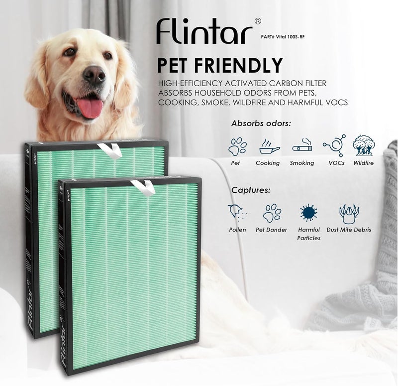 Flintar مرشح Vital 100S لامتصاص السموم والدخان، متوافق مع جهاز تنقية الهواء LEVOIT Vital 100S، يتمتع بمستوى تصفية H13 بالإضافة إلى فلتر من الكربون المنشط، رقم الجزء: Vital 100S-RF-TX، عبوة تحتوي على 2 قطعة. - Image 3