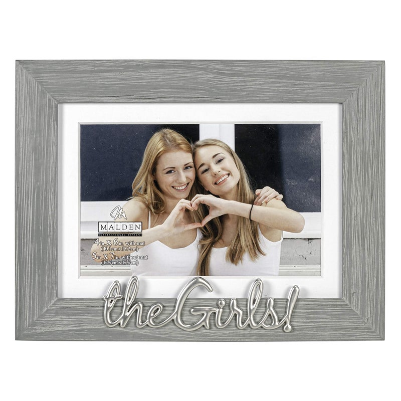 Malden International Designs 4x6 or 5x7 The Girls Distressed Expressions Picture Frame Silver Finish The Girls Word Attachment Gray Textured Wood Grain Finish MDF Frame White Beveled Mat - Image 1