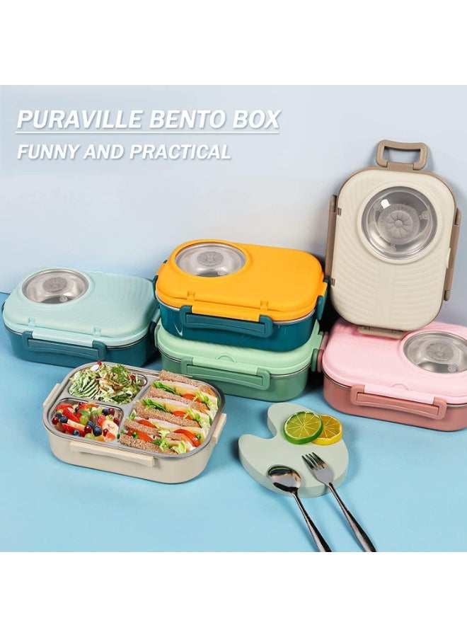 Stainless Steel Bento Lunch Box for Kids Adults, Stackable Food Containers with 3 Compartments Reusable Sauce Bowl, Fork and Spoon 9.1 x 6.5 x 3.2 inch (1000ml/34oz Light Blue) - Image 5