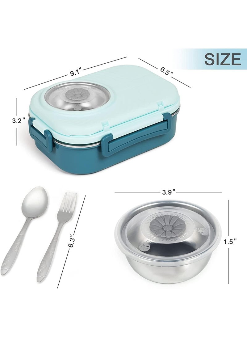 Stainless Steel Bento Lunch Box for Kids Adults, Stackable Food Containers with 3 Compartments Reusable Sauce Bowl, Fork and Spoon 9.1 x 6.5 x 3.2 inch (1000ml/34oz Light Blue) - Image 3