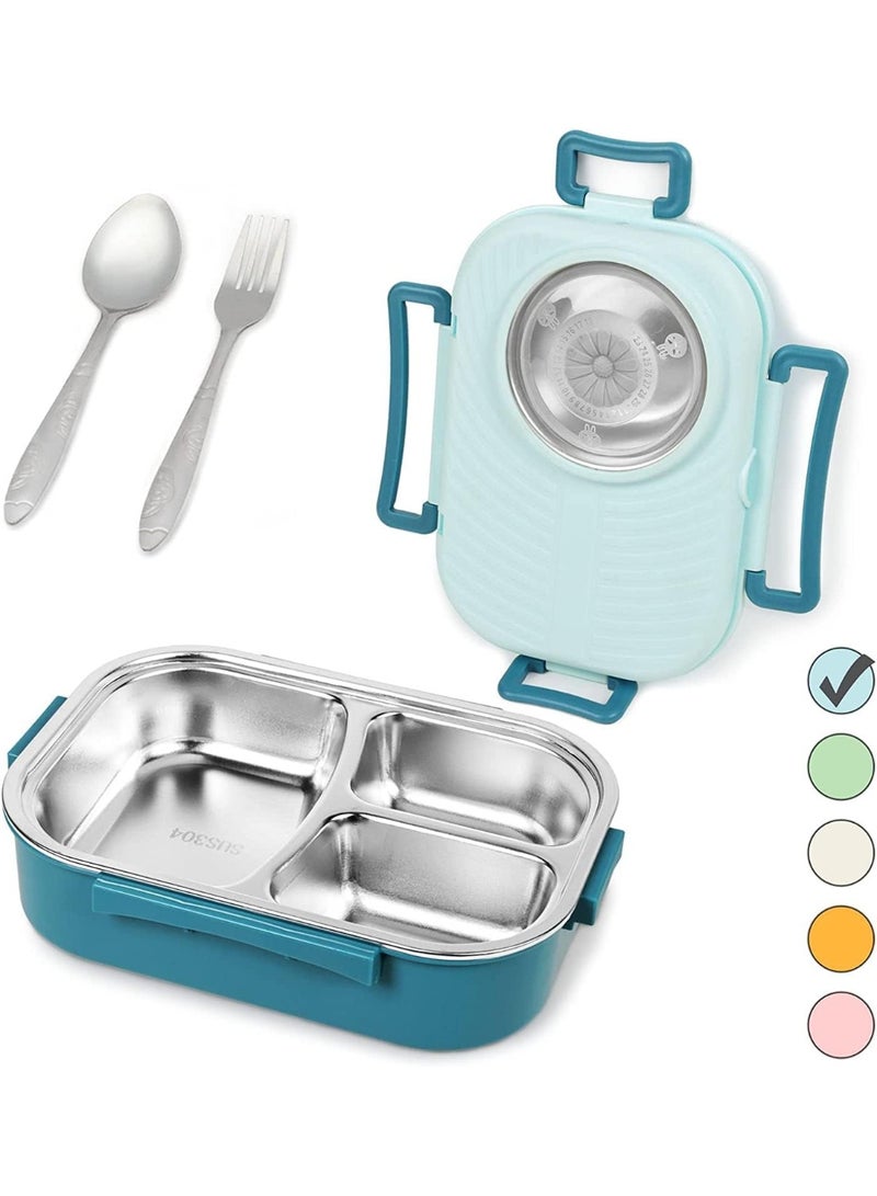Stainless Steel Bento Lunch Box for Kids Adults, Stackable Food Containers with 3 Compartments Reusable Sauce Bowl, Fork and Spoon 9.1 x 6.5 x 3.2 inch (1000ml/34oz Light Blue) - Image 1