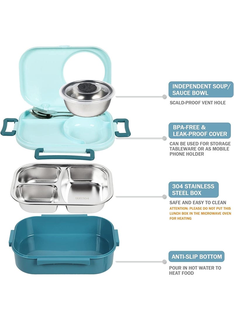 Stainless Steel Bento Lunch Box for Kids Adults, Stackable Food Containers with 3 Compartments Reusable Sauce Bowl, Fork and Spoon 9.1 x 6.5 x 3.2 inch (1000ml/34oz Light Blue) - Image 4