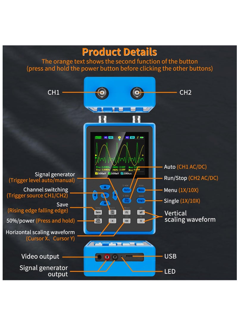 KASTWAVE - Handheld Digital Oscilloscope Kit - 2 Channel 2.8"TFT Mini Automotive Oscilloscope Bandwidth 120Mhz Digital Oscilloscopes Portable 500MS/s Sampling Rate, Vertical Sensitivity 10mV/div~10V/div - Image 1