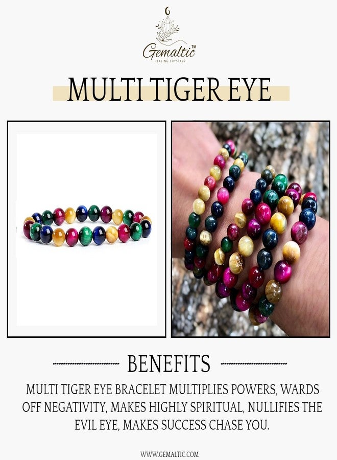 Gemaltic Healing Crystals Gemstones Round Beads Stone Crystal Stretch Bracelets Unisex (10MM, Multicolour Tiger Eye) - Image 2