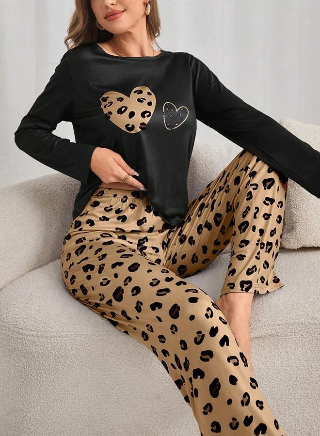 Take Two Take Two Heart Leopard Print T-Shirt and Pyjama Set