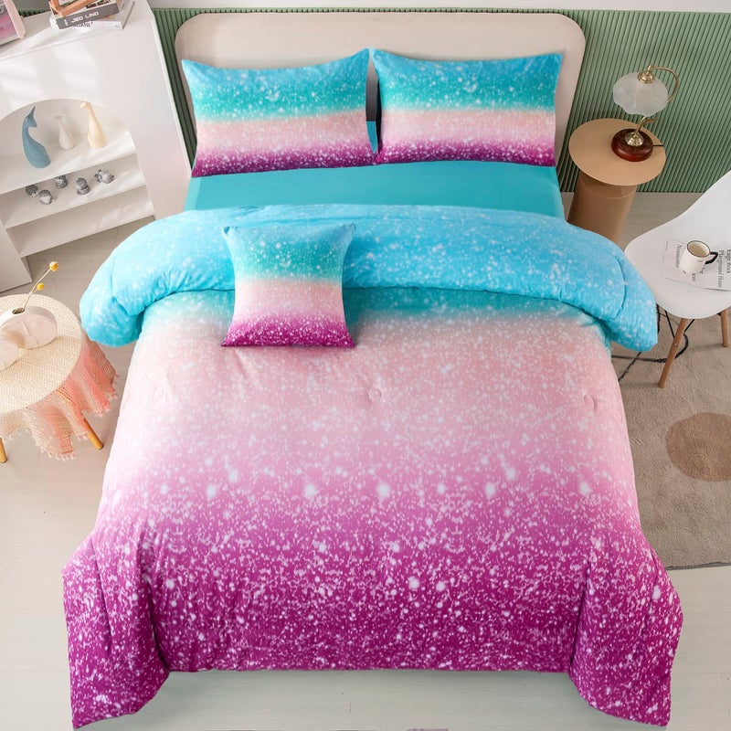 PERFEMET 6 Piece Full Size Comforter Sets for Teens Girls Tie Dye Rainbow Ombre Bed in A Bag Gradient Glitter Sparkle Bedroom Decor Bedding Set Blue Teal Purple Full