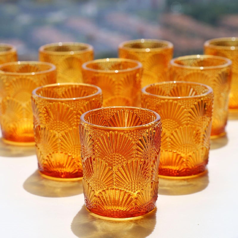 Woho 12Pcs Amber Votive Candle Holders Glass Amber Candle Holder for Fall Wedding Boho Tea Lights Candle Holder for Halloween Thanksgiving Centerpieces Table Decoration