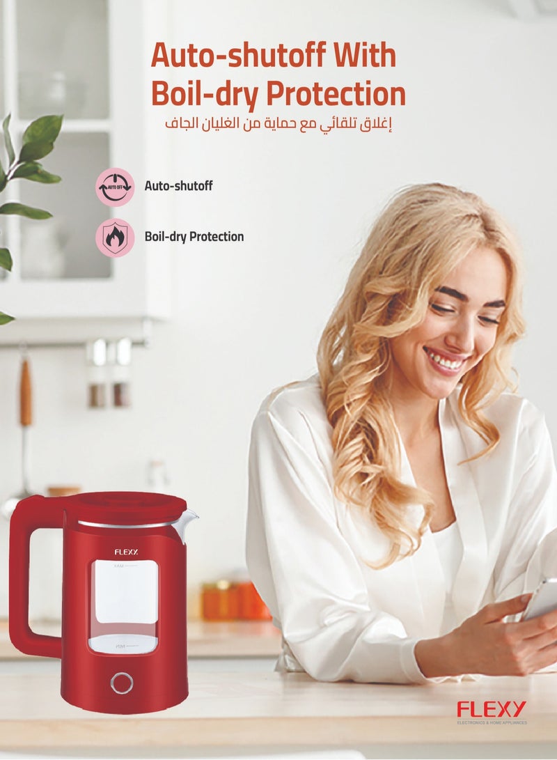 FLEXY 1.5 Liter 1360W Electric Kettle Glass Water Boiler | Double Crystal Walls  Auto Shut-Off | Instant Water Heater And Tea Maker | Boil-Dry Protection 360° Swivel Base | Cool Handle - Image 5