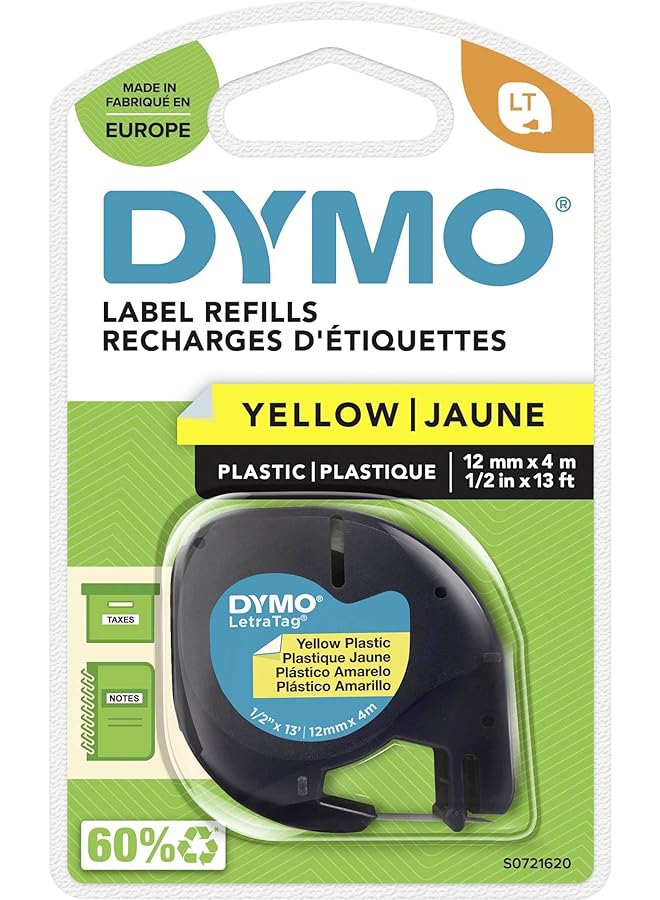 Dymo Letratag Plastic Label Tape 12 Mm X 4 M Roll Yellow - Image 1