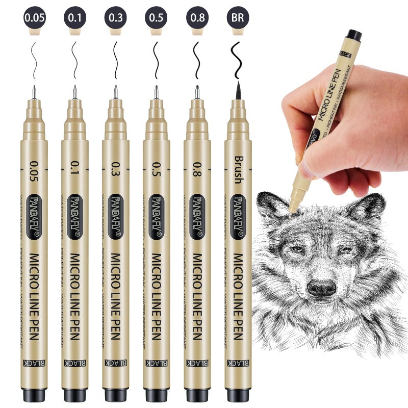 PANDAFLY Black Fineliners Pens, 6 Size Ultra Fine Point Pen, Waterproof Archival Ink, Black Art Pen for Drawing, Micro Pens for Drawing, Sketching, Bible, Watercolor, Artist Illustration, Anime, Manga - Image 1