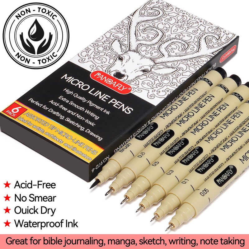 PANDAFLY Black Fineliners Pens, 6 Size Ultra Fine Point Pen, Waterproof Archival Ink, Black Art Pen for Drawing, Micro Pens for Drawing, Sketching, Bible, Watercolor, Artist Illustration, Anime, Manga - Image 2