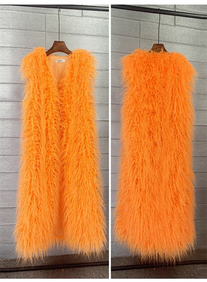Loquat Extended Faux Fur Warm Vest Orange 