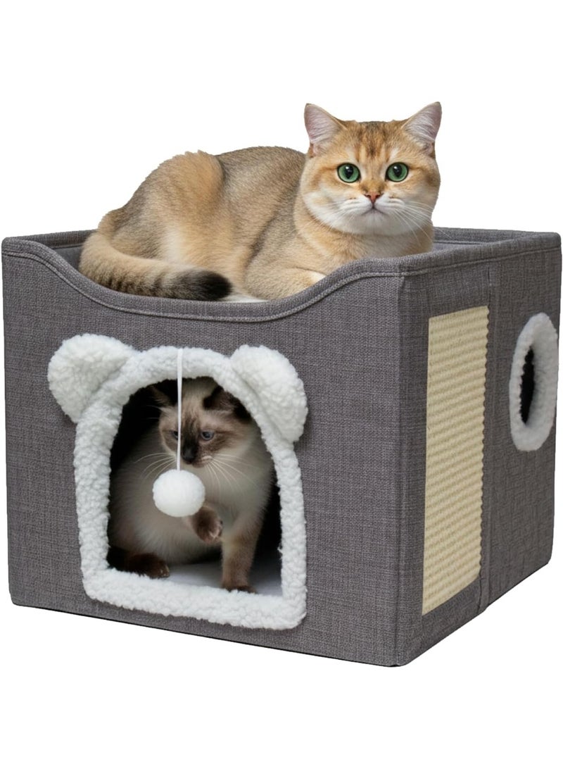Indoor Cat House with Scratching Pad – Foldable Cat Condo with Hanging Plush Ball, Peekaboo Window & Washable Design for Large & Small Cats - Image 1