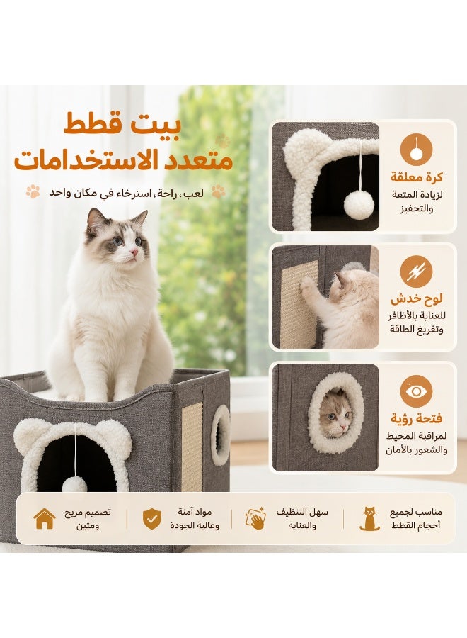 Indoor Cat House with Scratching Pad – Foldable Cat Condo with Hanging Plush Ball, Peekaboo Window & Washable Design for Large & Small Cats - Image 2