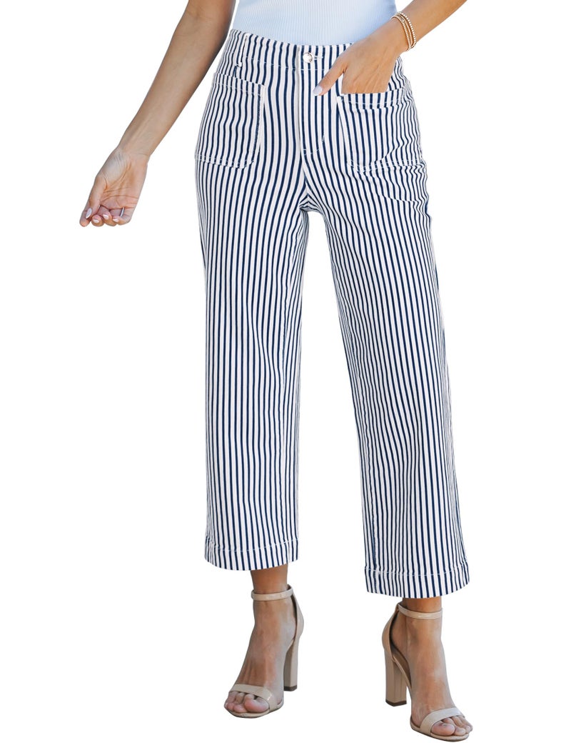luvamia Striped Stretchy Wide Leg Jeans for Women Trendy Fall Pants High Waisted Cropped Wide Leg Trousers for Women Stretchy Denim Patch Pocket Pinstripe Pants Blue Small US Size 4-6 - Image 1