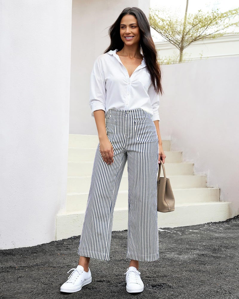 luvamia Striped Stretchy Wide Leg Jeans for Women Trendy Fall Pants High Waisted Cropped Wide Leg Trousers for Women Stretchy Denim Patch Pocket Pinstripe Pants Blue Small US Size 4-6 - Image 5