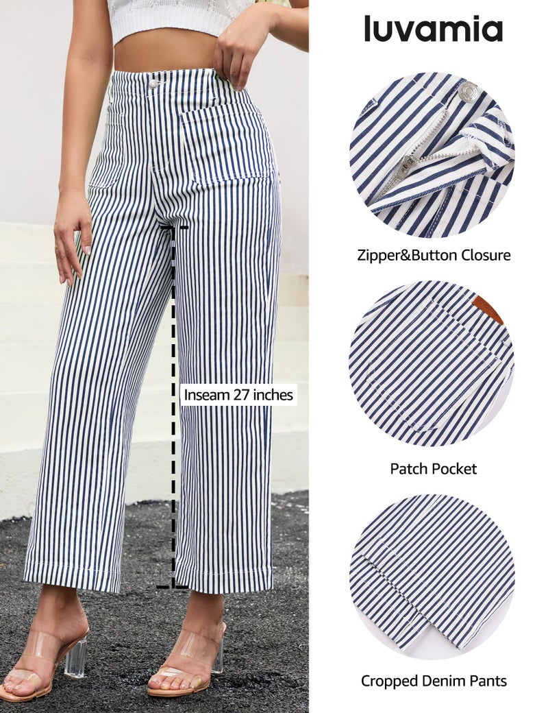 luvamia Striped Stretchy Wide Leg Jeans for Women Trendy Fall Pants High Waisted Cropped Wide Leg Trousers for Women Stretchy Denim Patch Pocket Pinstripe Pants Blue Small US Size 4-6 - Image 4