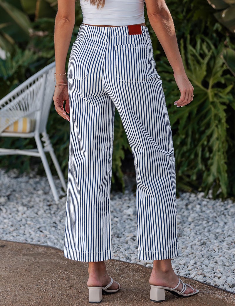 luvamia Striped Stretchy Wide Leg Jeans for Women Trendy Fall Pants High Waisted Cropped Wide Leg Trousers for Women Stretchy Denim Patch Pocket Pinstripe Pants Blue Small US Size 4-6 - Image 2