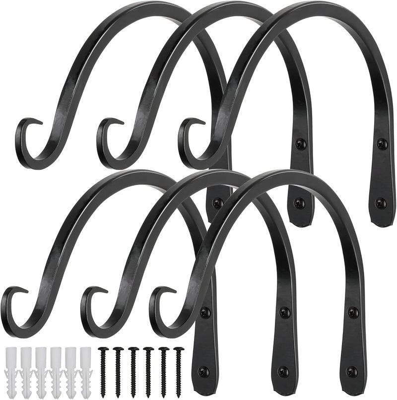 WORTH Garden 6-Pack 8" Plant Hanger Bracket - Hand-Forged Wrought Iron Powder-Coated Heavy Duty Wall Hooks - Black Curved Plant Hanging Hooks for Bird Feeders, Flower Baskets, Indoor & Outdoor Use - Image 1