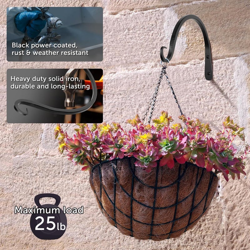 WORTH Garden 6-Pack 8" Plant Hanger Bracket - Hand-Forged Wrought Iron Powder-Coated Heavy Duty Wall Hooks - Black Curved Plant Hanging Hooks for Bird Feeders, Flower Baskets, Indoor & Outdoor Use - Image 5