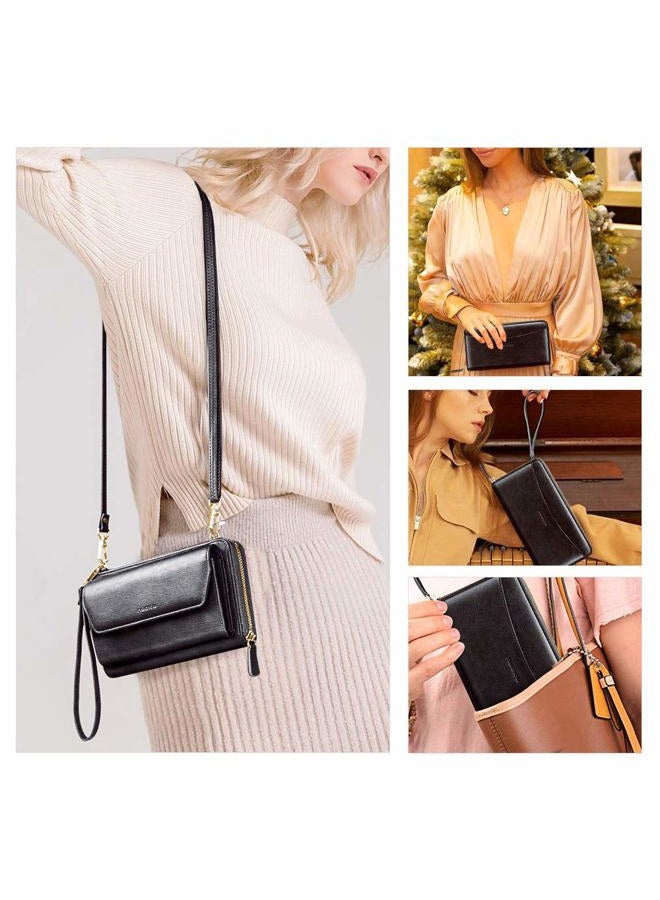 nuoku Womens RFID Wallet Purse Wristlet Crossbody Clutch with Zip Around 2 Strap, Black, Medium - Image 2