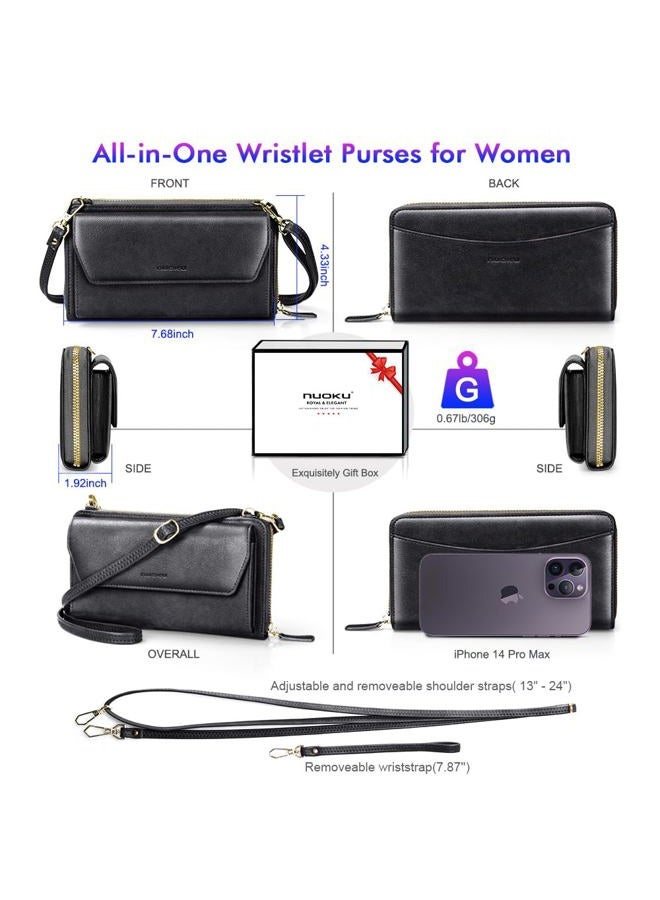 nuoku Womens RFID Wallet Purse Wristlet Crossbody Clutch with Zip Around 2 Strap, Black, Medium - Image 4