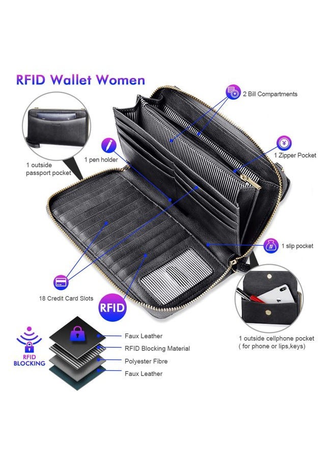 nuoku Womens RFID Wallet Purse Wristlet Crossbody Clutch with Zip Around 2 Strap, Black, Medium - Image 3
