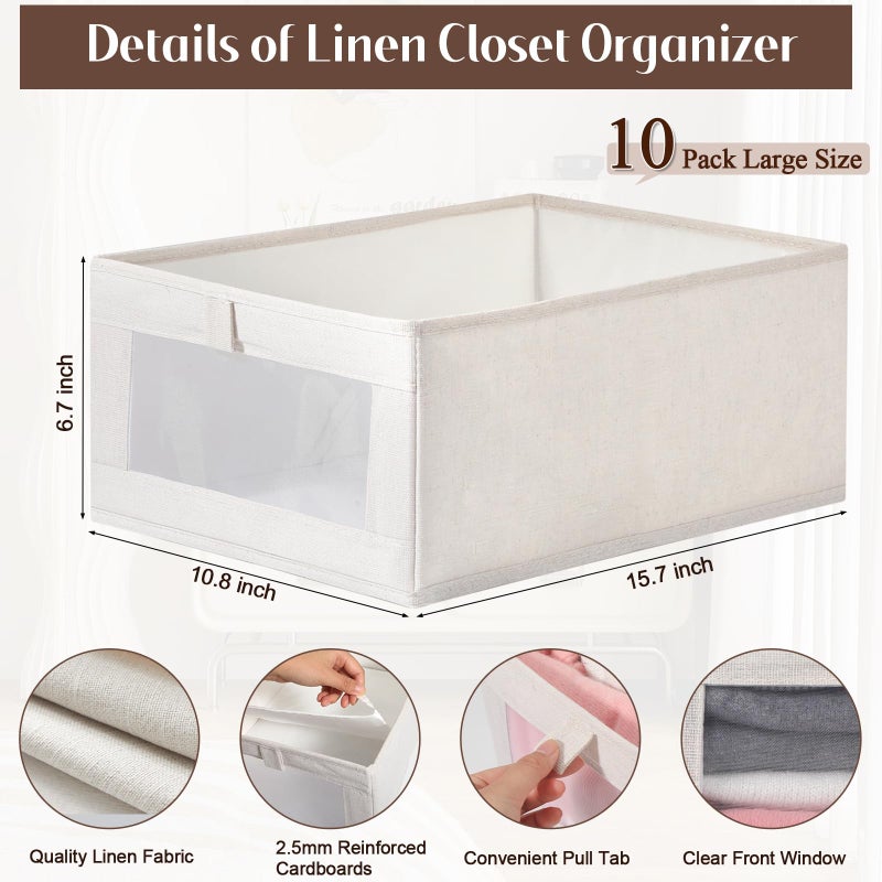 VZZNN 10 Pack Linen Closet Organizers And Storage, Closet Storage Bins for Closet Organization, Linen Closet Baskets Foldable Closet Organizer Bins with Clear Window For Organizing Clothing, Jeans - Image 3