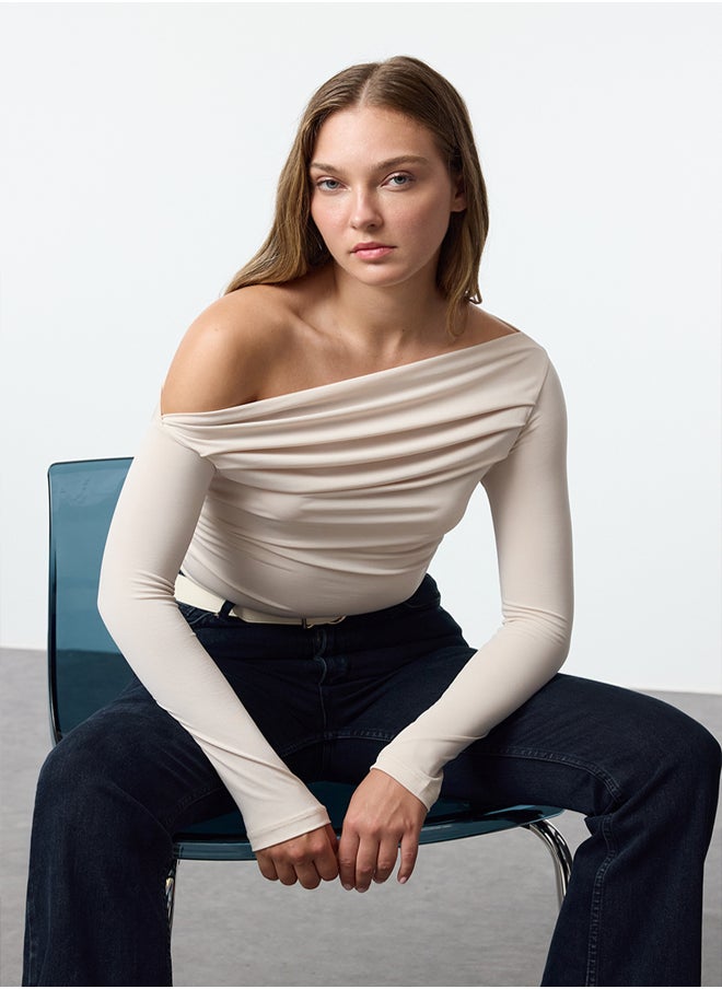 trendyol - Stone Gather/Drape Detailed Fitted/Body-Smoothing Long Sleeve Flexible Knitted Blouse TWOAW25BZ00248 - Image 1