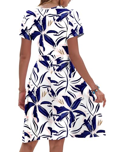 AUSELILY Wedding Guest Dress Casual Knee Length Short Sleeve A-Line V Neck Cocktail Dress, White Blue Flower M - Image 4