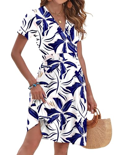 AUSELILY Wedding Guest Dress Casual Knee Length Short Sleeve A-Line V Neck Cocktail Dress, White Blue Flower M - Image 2