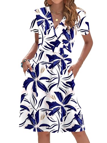 AUSELILY Wedding Guest Dress Casual Knee Length Short Sleeve A-Line V Neck Cocktail Dress, White Blue Flower M - Image 1