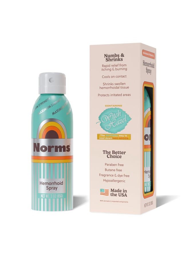 Norms رذاذ البواسير المبرد، أقصى قوة تخفيف بدون لمس مع فينيل إفرين، هازيل الساحرة، صبار، يقلل من التورم، يهدئ الحكة، يخفف عند الاتصال، رذاذ 3 أونصات - Image 1