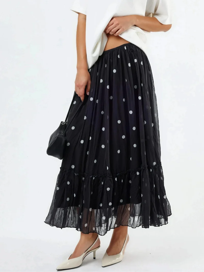 بوسيم BUSEM High Waist Polka Dot Maxi Skirt with Frills