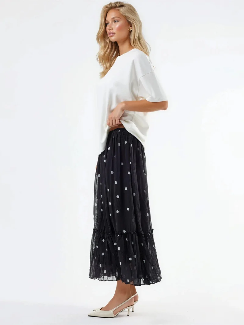 بوسيم BUSEM High Waist Polka Dot Maxi Skirt with Frills