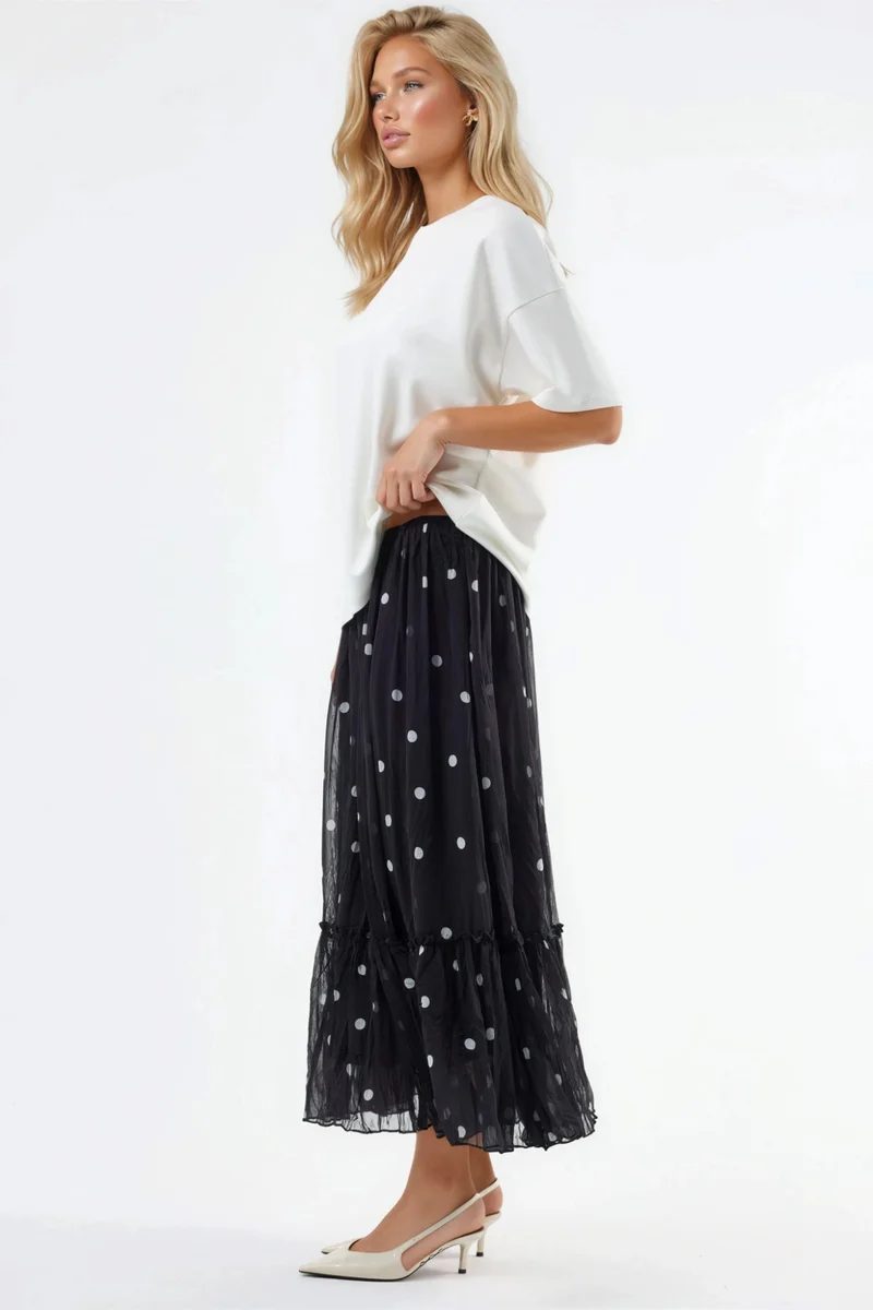 Busem BUSEM High Waist Polka Dot Maxi Skirt with Frills