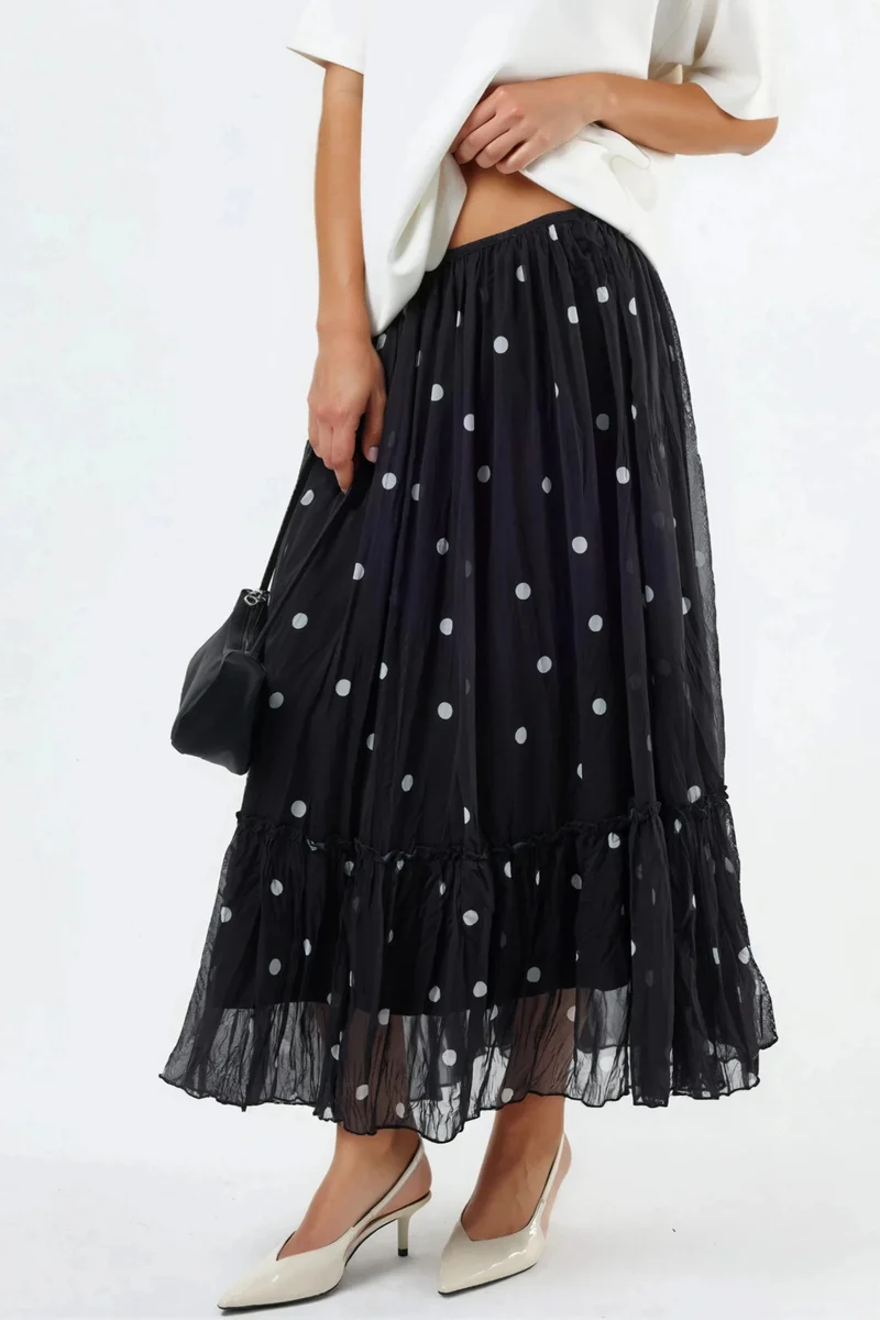 Busem BUSEM High Waist Polka Dot Maxi Skirt with Frills