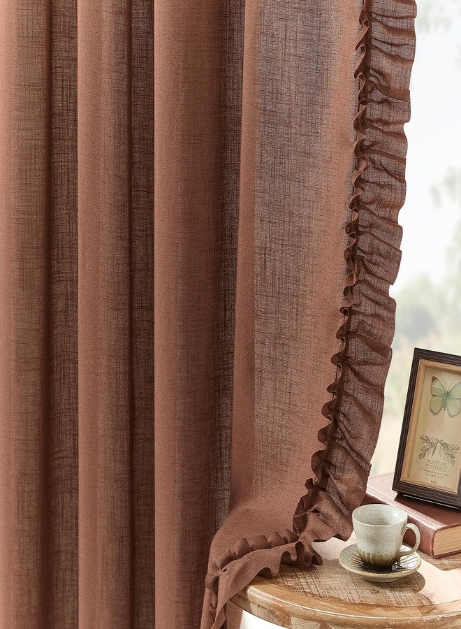 TERLYTEX Dark Terracotta Ruffle Curtains 63 Inch Length, 2 Panels, W47 x L63 Inch, Linen Textured Rust Colored Farmhouse Scalloped Curtains for Bedroom, Rod Pocket Light Filtering Semi-Sheer Flowy Boho Curtain - Image 2