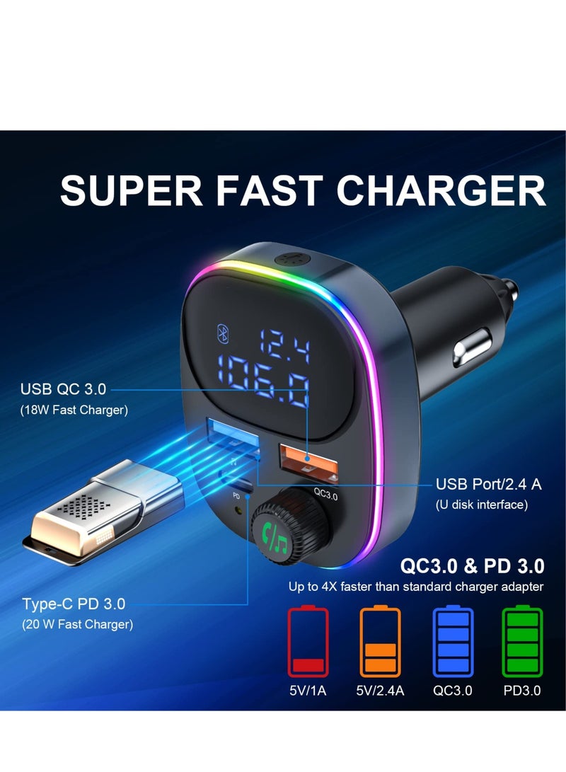 SYOSI Newest Bluetooth V5.3 FM Transmitter, Bluetooth Car Transmitter Car Radio Transmitter Hands Free Car Kit MP3 Player QC3.0 PD3.0 Car Charger with LED Display Support USB Drive Colorful Light - Image 3