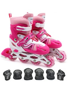 EASY FUTURE Inline Skates Adjustable Size Roller Skates With Flashing Wheels Children Skate Shoes Including Protective Gear Knee Elbow Wrist Pink Color  - Image 1