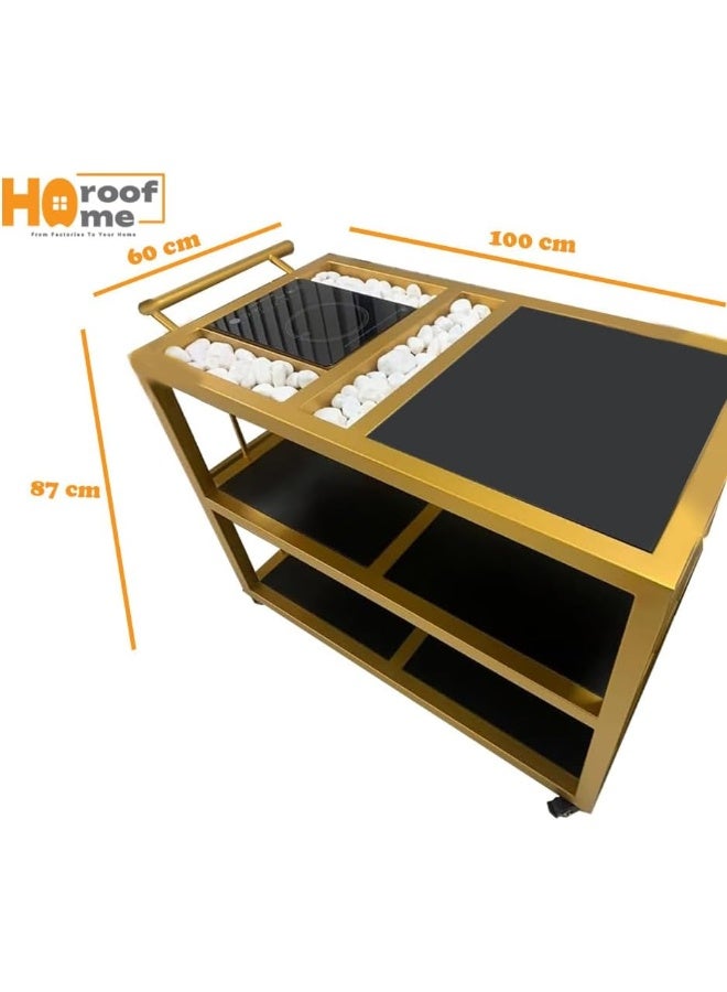 Horoof Market Horoof Home® Premium Gold 3-Tier Serving Trolley with Built-In Stove – Elegant & Modern Display Cart  - Image 2