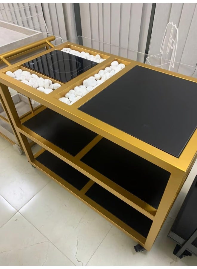 Horoof Market Horoof Home® Premium Gold 3-Tier Serving Trolley with Built-In Stove – Elegant & Modern Display Cart  - Image 1
