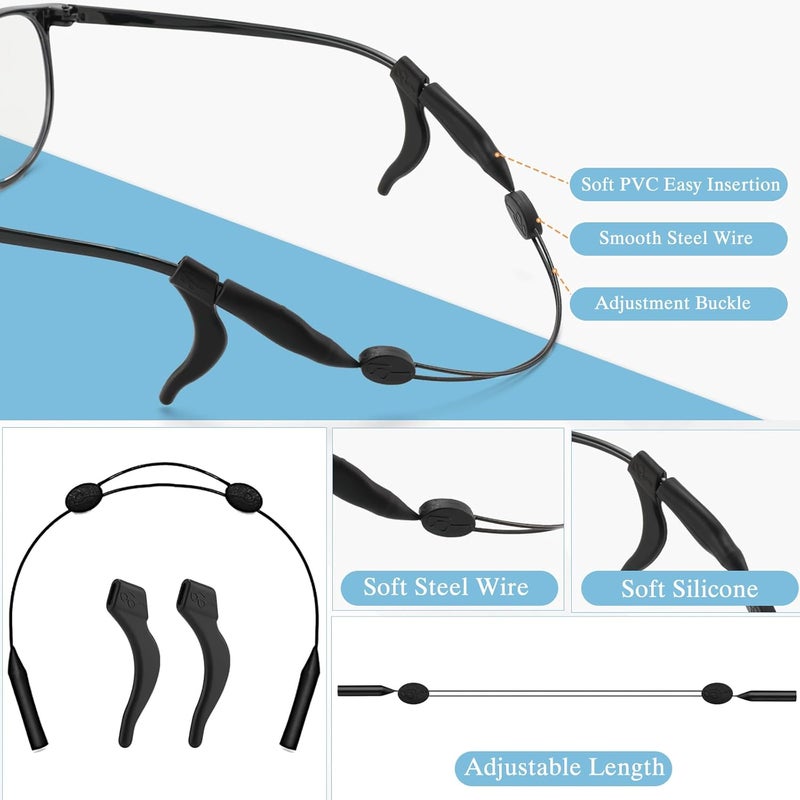 CoolShef حزام حامل النظارات القابل للتعديل مع قبضة أذن سيليكون، حبل نظارات مضاد للانزلاق، ملحقات سلسلة نظارات رياضية للنظارات (2 حزام + 1 خطاف أذن، أسود) - Image 2