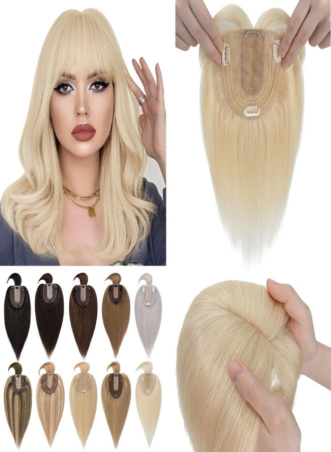 SEGO Human Hair Toppers for Women With Bangs 100% Real 130% Density 10 * 12CM Silk Base Clip in Top Wiglet Hair Pieces for Thinning Hair /6 Inch Platinum Blonde - Image 1