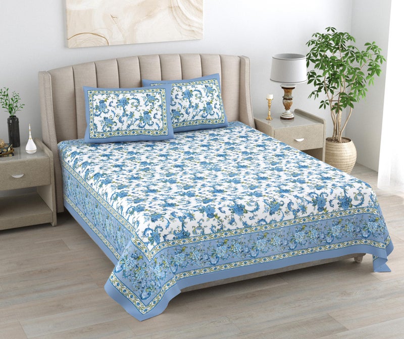 ElanorHomes 240 TC Cotton Double King Size Bedsheet | Hand Printed | Ultra-Soft & Skin-Safe | Breathable Summer Comfort | 93x108 inches with 2 Pillow Covers (Aqua Jaal) - Image 1