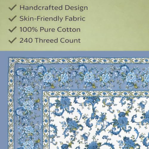 ElanorHomes 240 TC Cotton Double King Size Bedsheet | Hand Printed | Ultra-Soft & Skin-Safe | Breathable Summer Comfort | 93x108 inches with 2 Pillow Covers (Aqua Jaal) - Image 3
