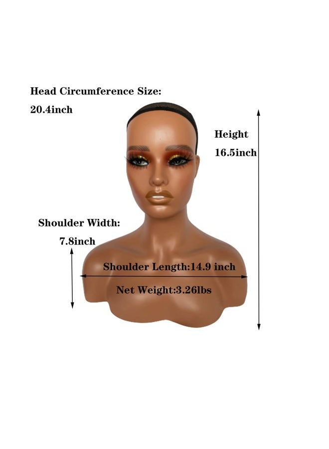Voloria Realistic Female Mannequin Head with Shoulder Manikin PVC Head Bust Wig Head Stand with Makeup for Wigs Necklace Earrings Light Brown with Yellow Eye Shadow - Image 2