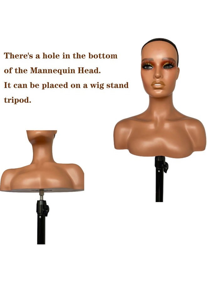 Voloria Realistic Female Mannequin Head with Shoulder Manikin PVC Head Bust Wig Head Stand with Makeup for Wigs Necklace Earrings Light Brown with Yellow Eye Shadow - Image 4